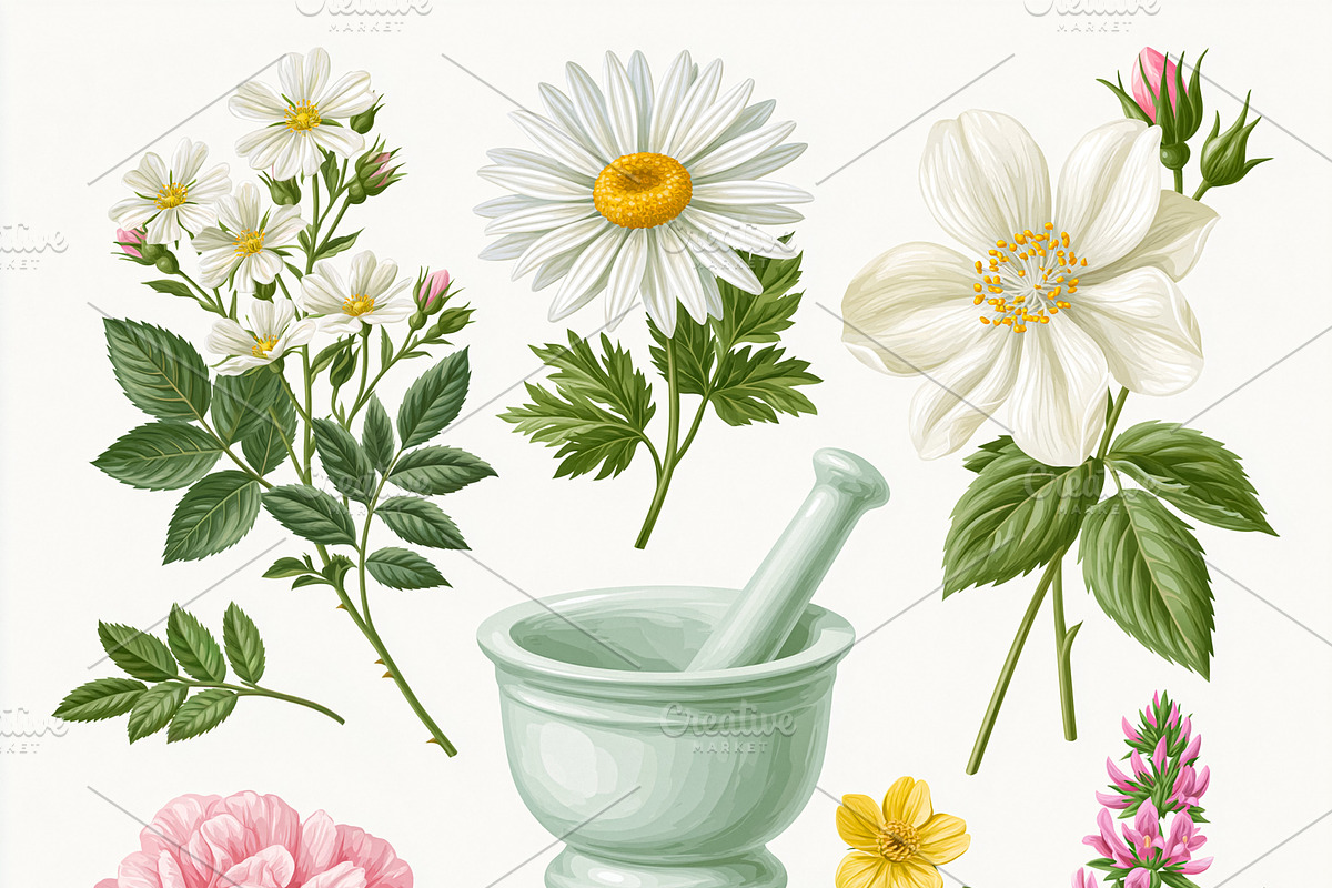 Herbal medicine preparation ingredients including chamomile, wild rose, mint, a, an Illustration by Studio ANNA