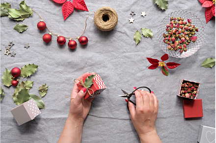 Christmas flat lay on natural beige, a Holiday Photo by tilialucida