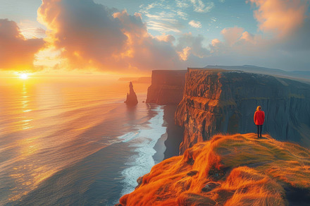 Stunning View of Reynisdrangar Cliffs at Sunset With a Lone Observer in Red Jac, a Photo by AS photostudio