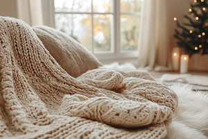 Cozy and inviting interior with a soft, knitted blanket draped over a plush sur, a Background Photo by ImageMir