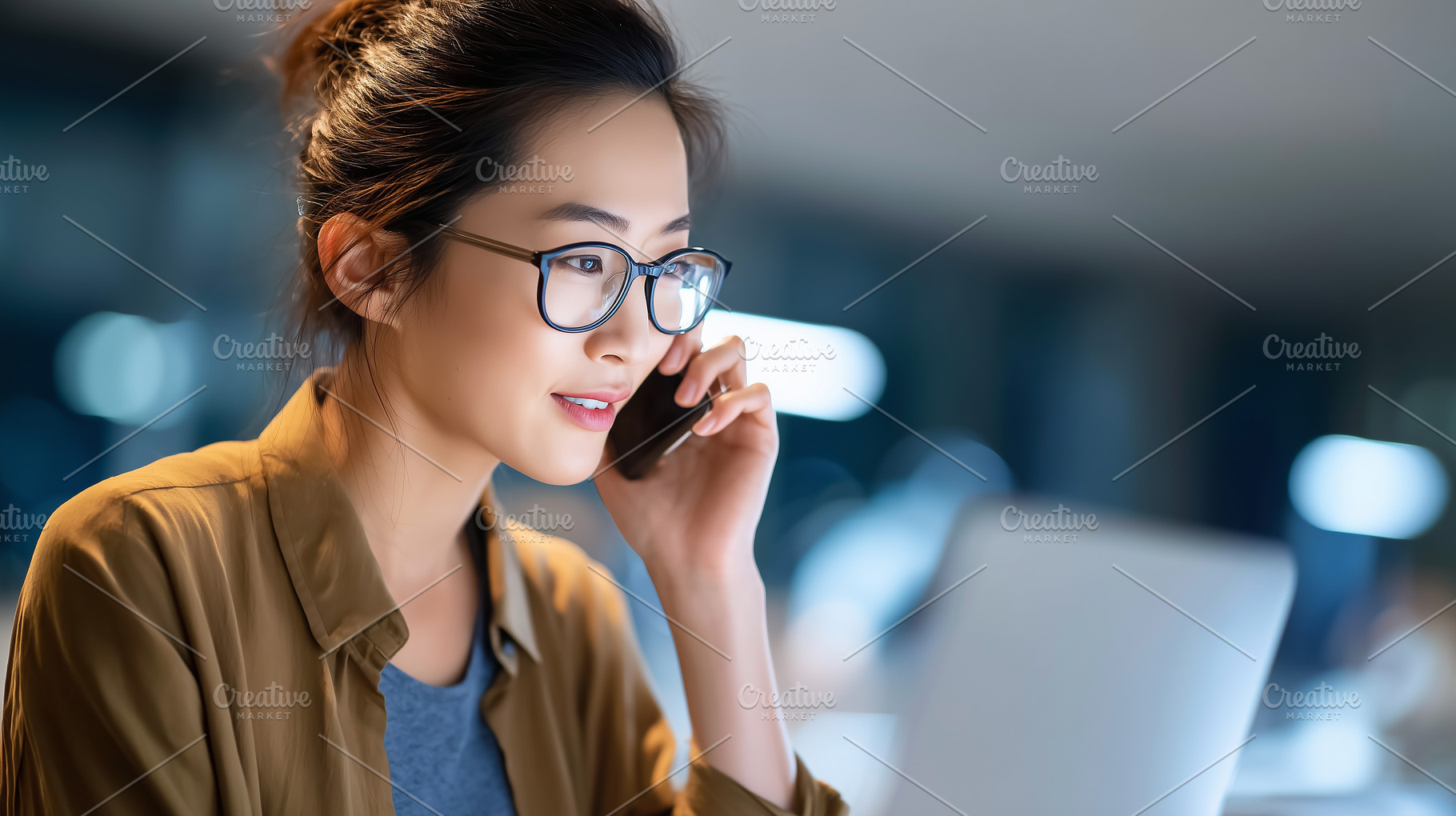 Young Asian woman in glasses talks, a Business Photo by MistyDay