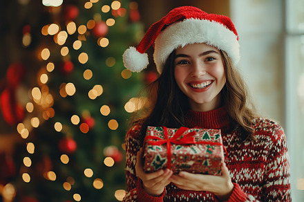 Cute young woman in christmas sweater and santa hat holding in hands gift box o, a Holiday Photo by AlyaAnd