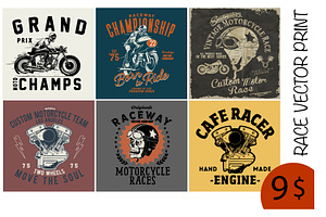 MOTORCYCLE RACE TEE PRINTS x6