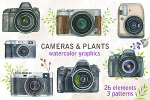 Cameras & plants. Watercolor set