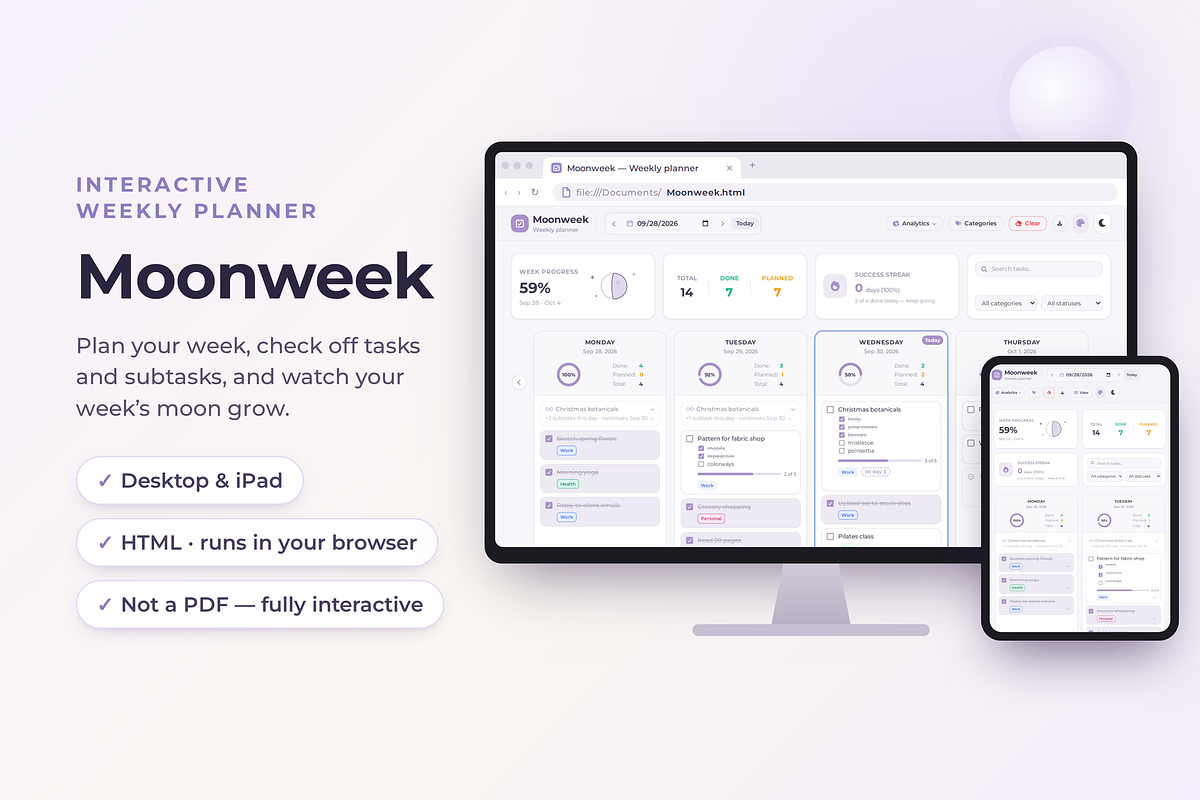 Weekly planner Interactive Moonweek, a HTML Template by Eves_Aquadreams (Photo 1 of 12)
