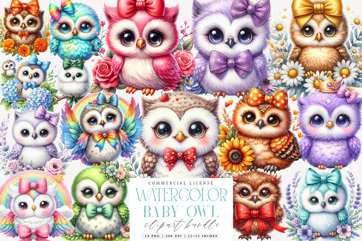 Watercolor Cute Baby Owl Clipart PNG, an Illustration by SinaCreation (Photo 1 of 7)