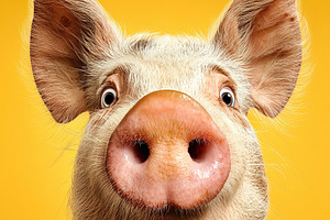 Close-up of a curious pig against a vibrant yellow background, c, an Animal Photo by Ales Munt