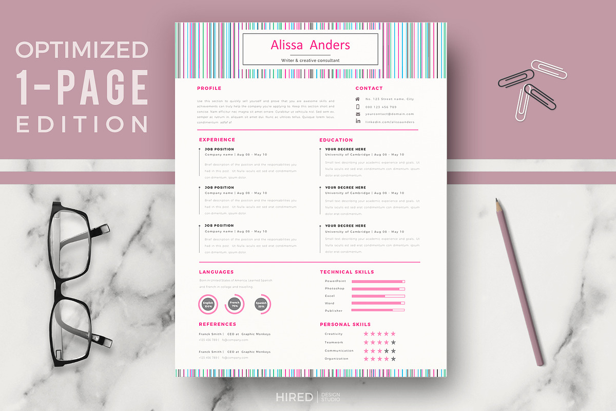 1 Page Resume Template, CV for Word, a Resume Template by HIRED Design Studio (Photo 2 of 10)