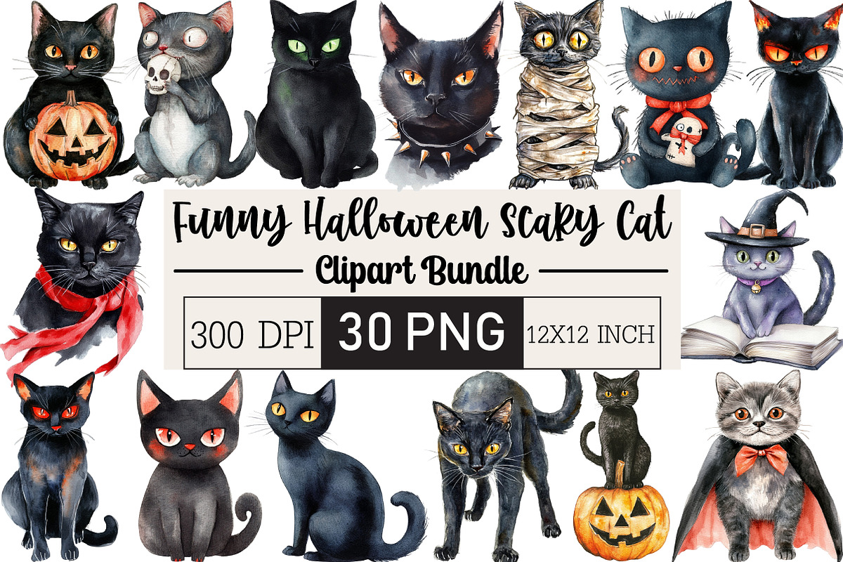 Funny Halloween Scary Cat Clipart, an Illustration by Black Bird Studio (Photo 1 of 6)
