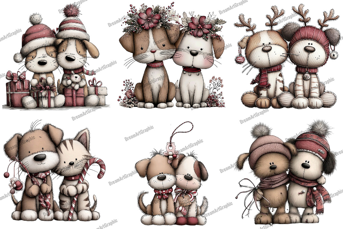 Whimsical Christmas Cat Dog Clipart, an Illustration by DreamArtGraphic (Photo 4 of 5)