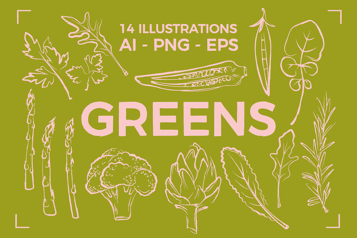 GREENS LINE ART SET (14 elements), a Food Illustration by Bonfloret Studio (Photo 1 of 8)