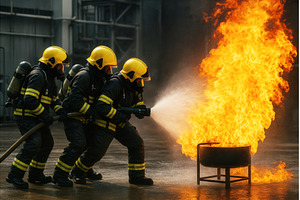 A team of firefighters in protective, an Industrial Photo by Sergey Kotenev