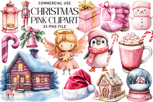 Watercolor Pink Christmas Clipart Bu, an Illustration by Daily.Designs