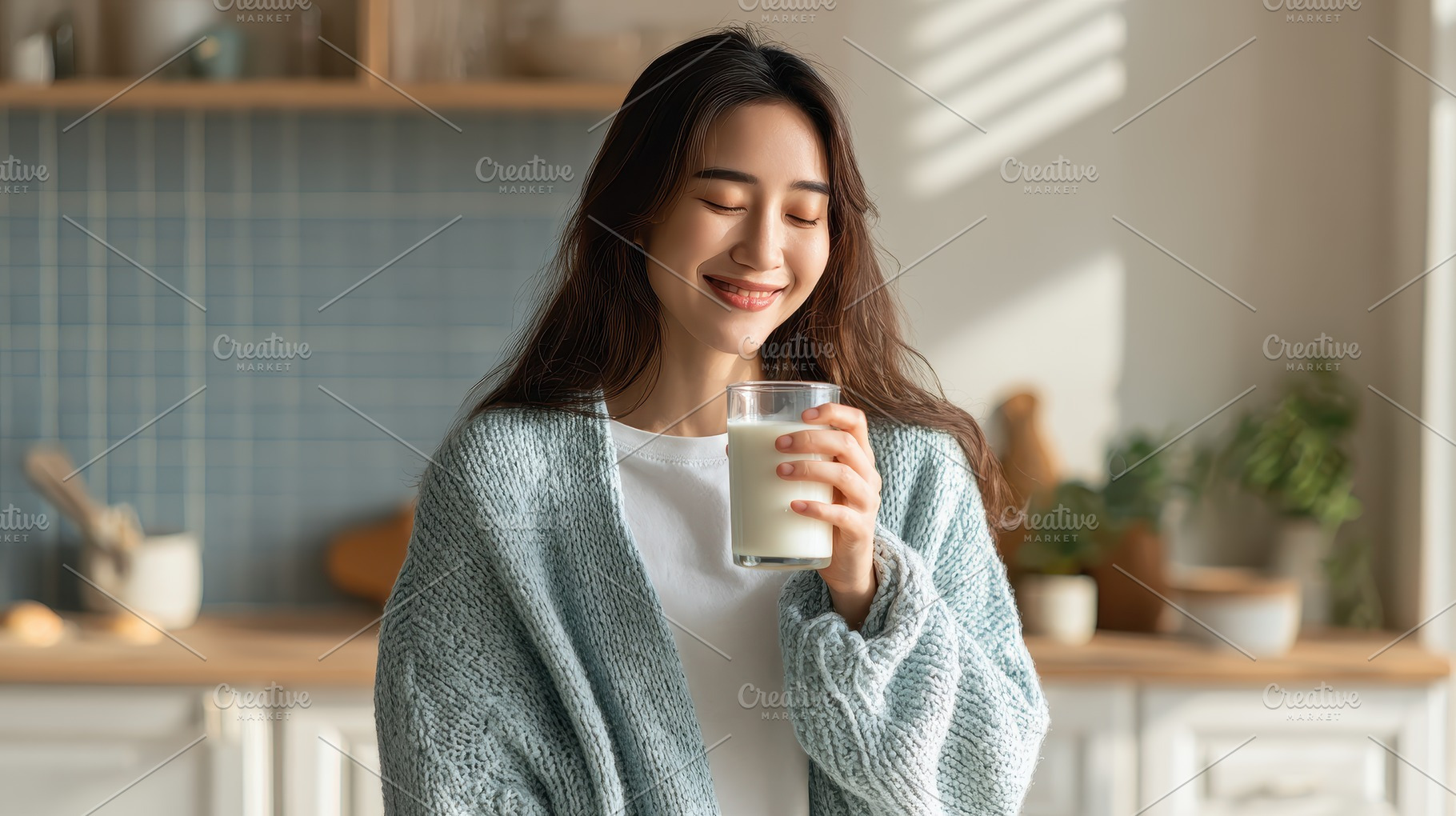 Woman enjoying milk in cozy kitchen, a Photo by Pixeness Studio