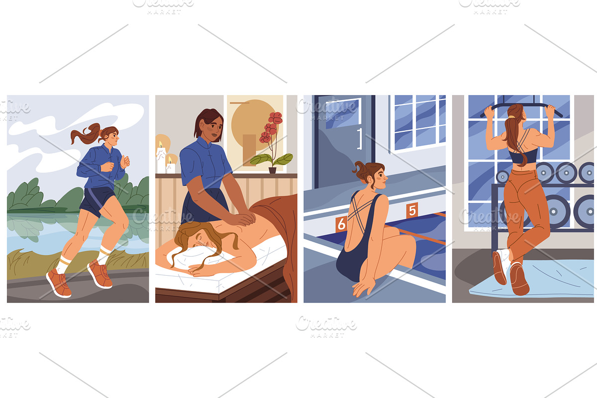 Daily sport routine of women. Vector, a Sport Illustration by Elegant Solution