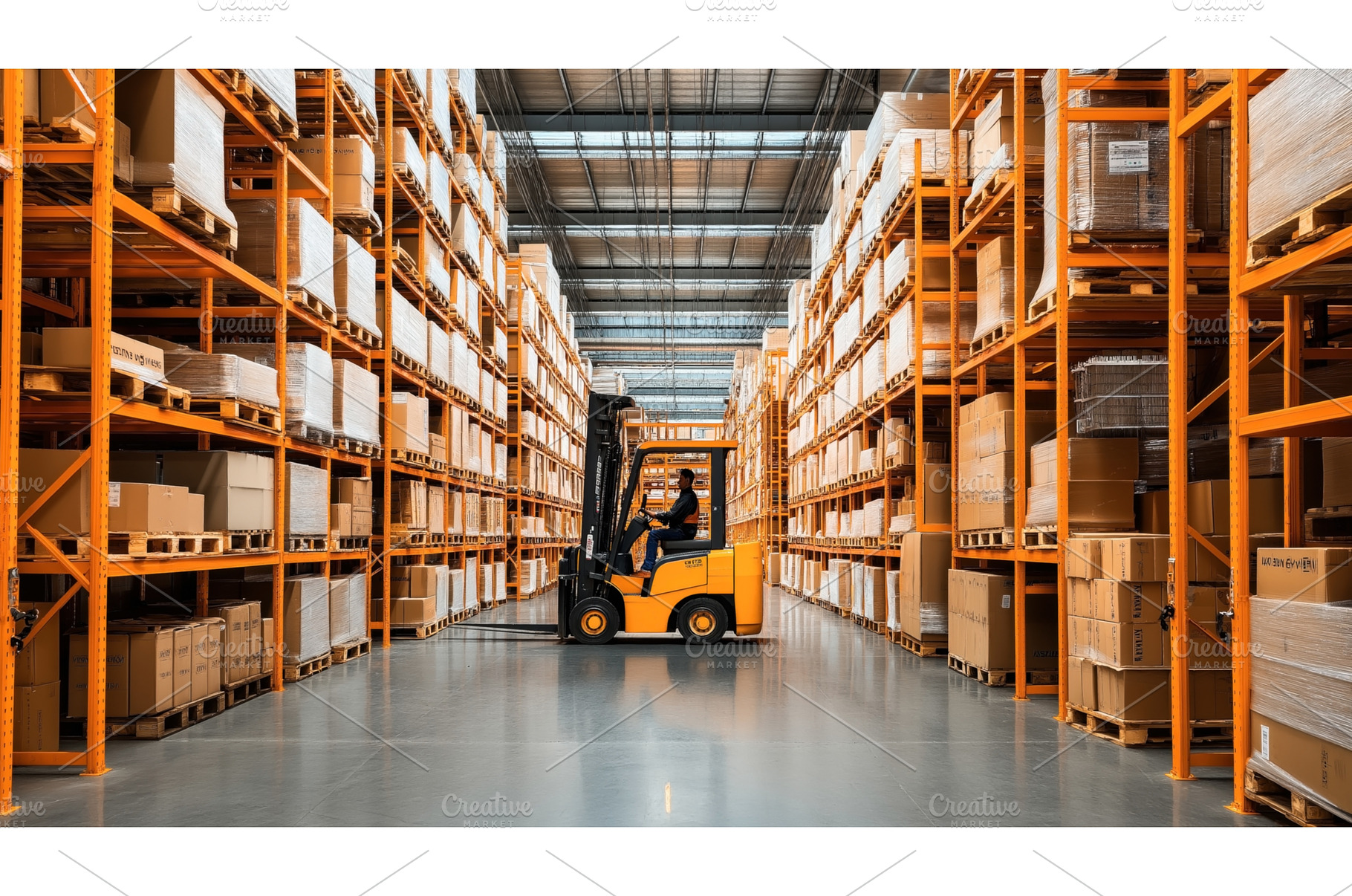 A warehouse with orange shelving, an Industrial Photo by Sergey Kotenev