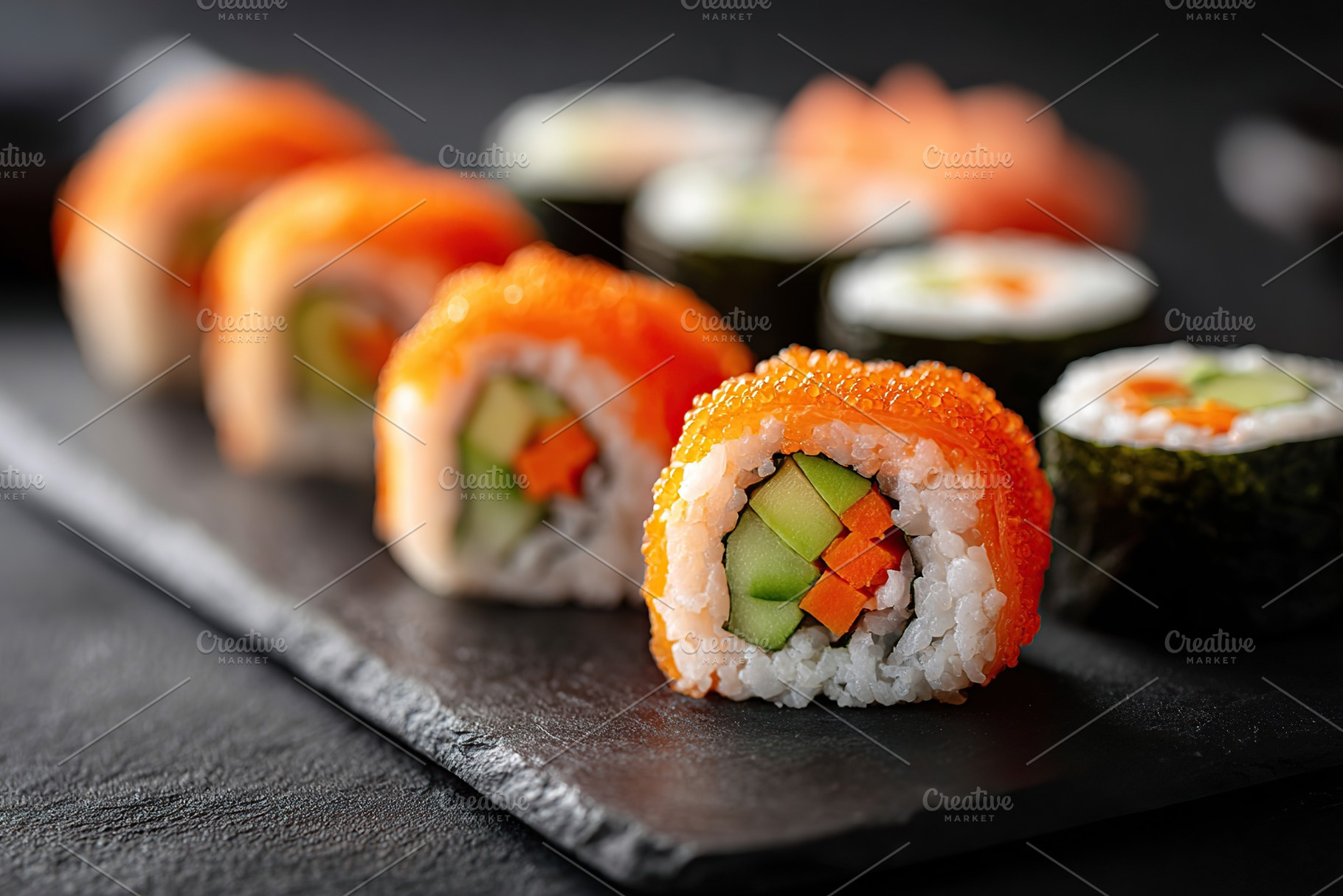 Sushi rolls with cucumber and avocado served on a slate platter, a Food & Drink Photo by AlyaAnd
