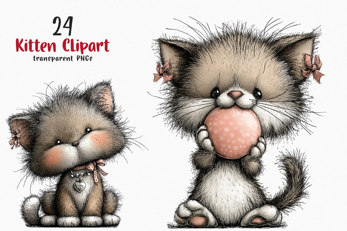 Whimsical Kitten Clipart Bundle, an Illustration by SinaCreation (Photo 1 of 7)