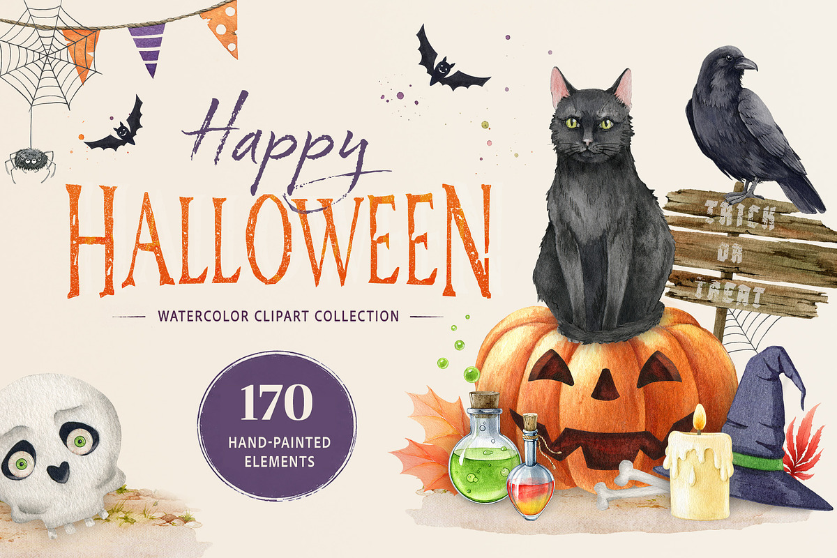 Halloween Watercolor Clipart, a Seasonal Illustration by AnitaPol (Photo 1 of 20)
