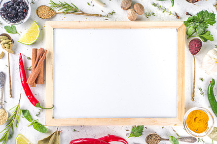 Fresh herbs, dried colorful spices, a Food & Drink Photo by Rimma