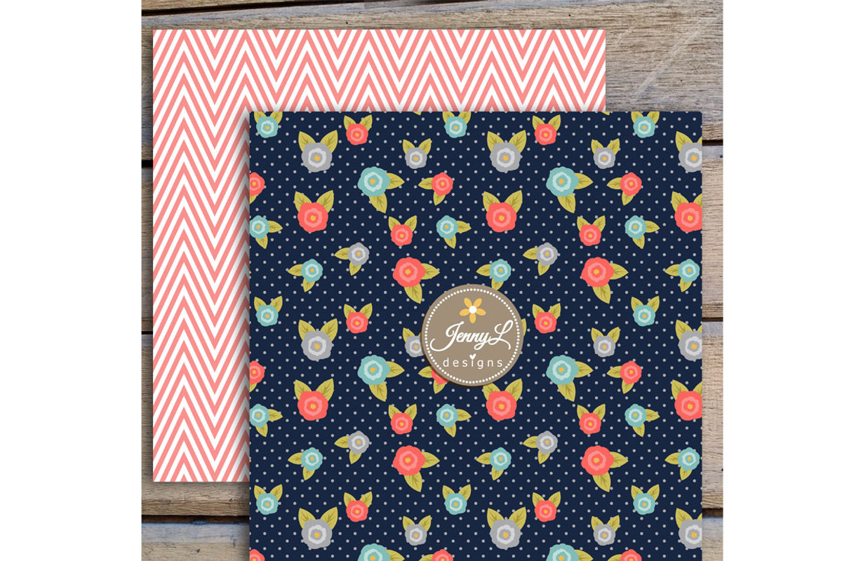Coral Navy Floral Digital Papers, a Pattern Graphic by JennyL Designs (Photo 4 of 5)