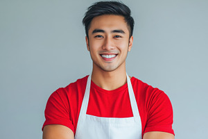 Smiling chef in red shirt with apron, a Photo by Beautiful things
