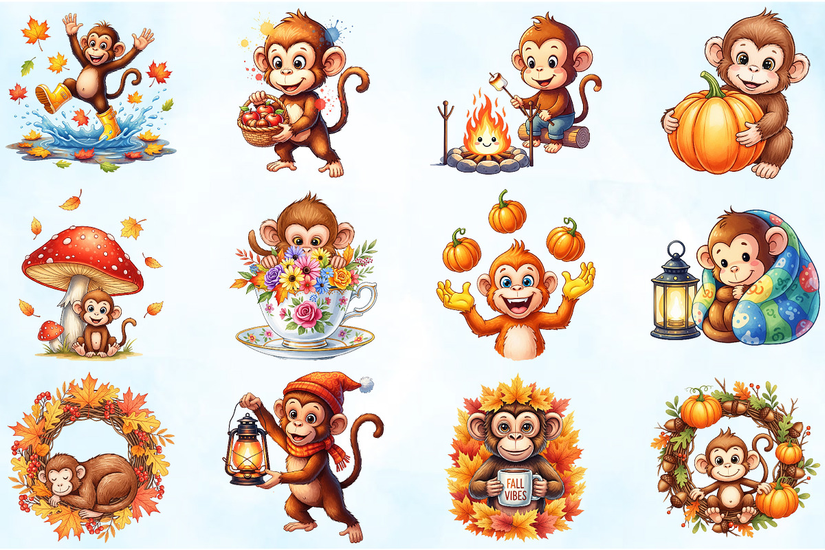 Watercolor Autumn Monkey Clipart, an Illustration by Craft Nest (Photo 2 of 6)