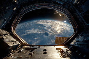 Spacecraft Window View Earth Moon Su, a Photo by Pixeness Studio