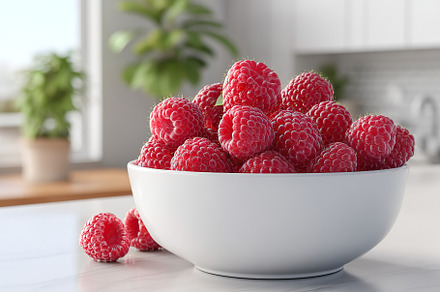 Fresh and vibrant raspberries are arranged in a ceramic bowl on a rustic wooden, a Food & Drink Photo by AlyaAnd