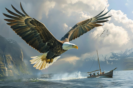 Majestic bald eagle flying above a b, a Photo by Iftikhar Alam