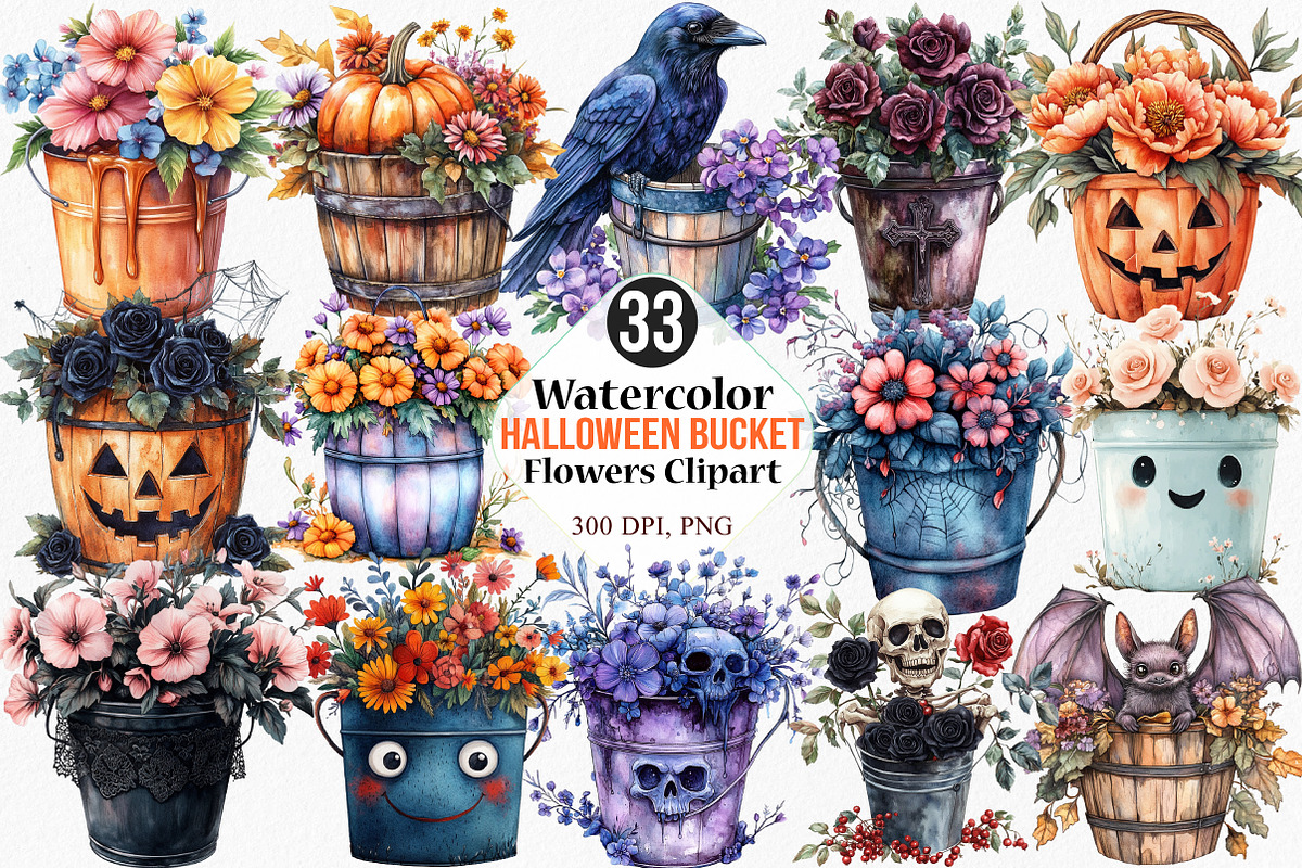 Watercolor Halloween Bucket Flowers, an Illustration by Canvas Craft (Photo 1 of 8)