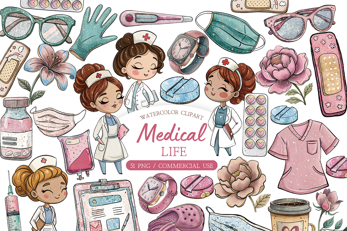 Watercolor Medical Clipart Bundle, an Illustration by MockupWizard (Photo 1 of 5)