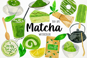 Watercolor Matcha Clipart, Green Tea