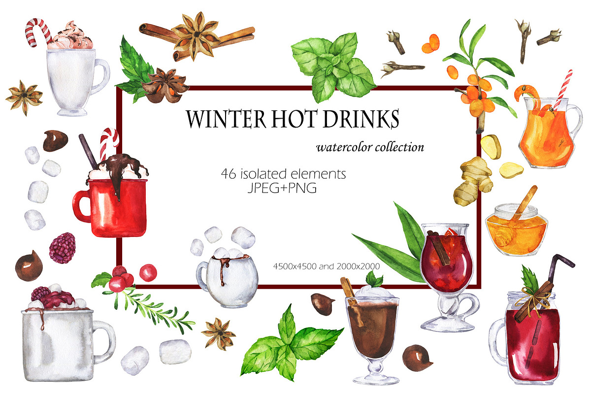 Winter hot drinks watercolor set, a Food Illustration by Watercolor & sketches (Photo 1 of 4)