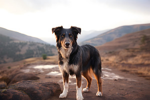 Portrait of beautiful Australian Shepherd dog standing on mountain road or path, an Animal Photo by Lenor4ik