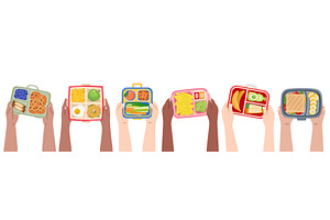 Kids hands hold lunch boxes. Top, a Food Illustration by YummyBuum