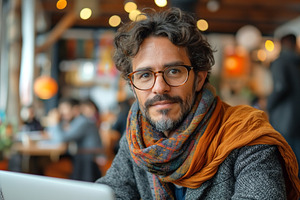 A thoughtful Hispanic man with curly hair and glasses, wearing a, a Person Photo by ImageMir