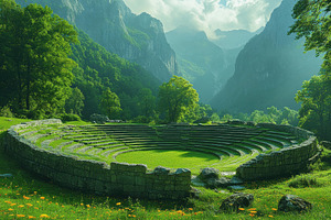Ancient amphitheater surrounded by l, a Photo by Tanuart