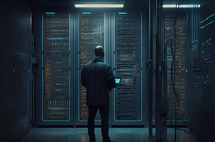 Cloud service engineer standing in front of a digital technology data center in, a Technology Photo by Olyryk & Aglo