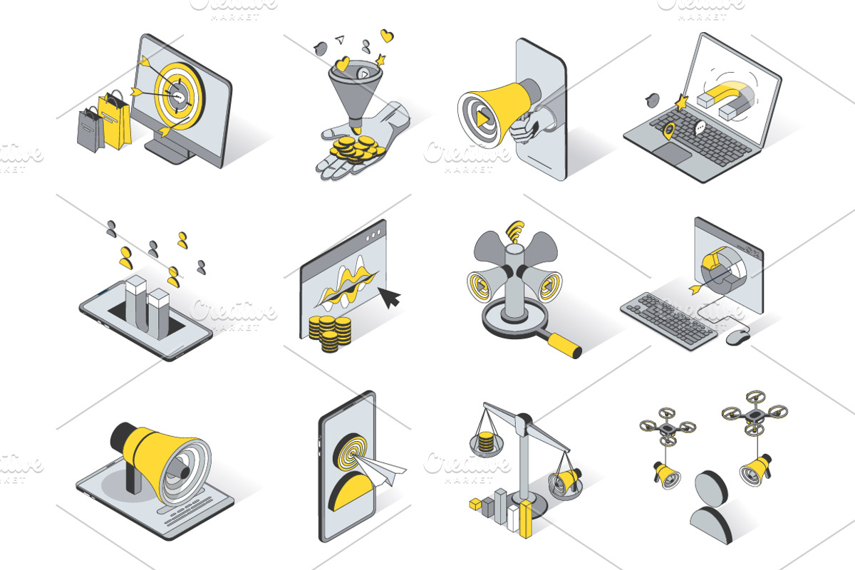 Marketing Isometric Icons, an Outline Icon by alexdndz