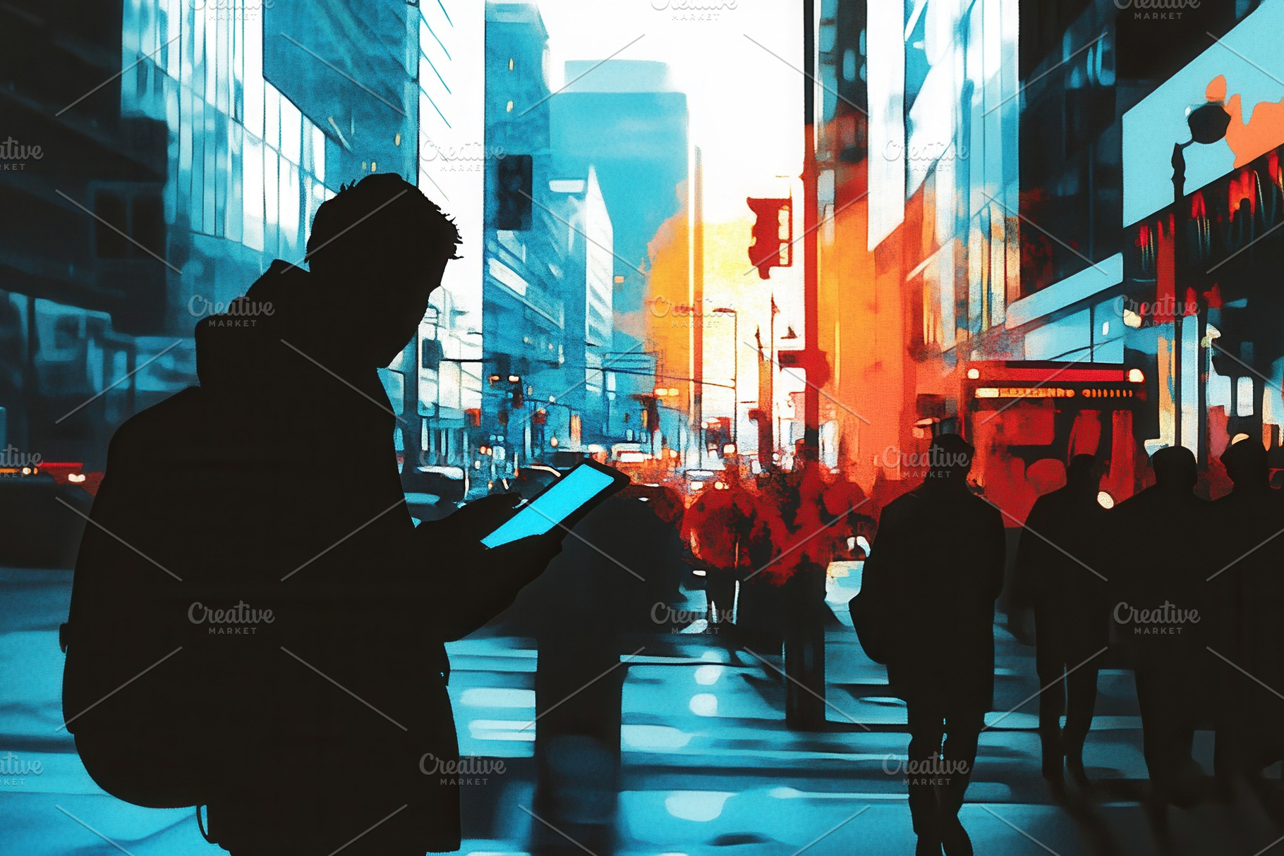 Smartphone living in busy streets, a Photo by Pavel_design