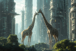 Two Giraffes Nuzzle in Futuristic Ci, an Animal Photo by Pixeness Studio