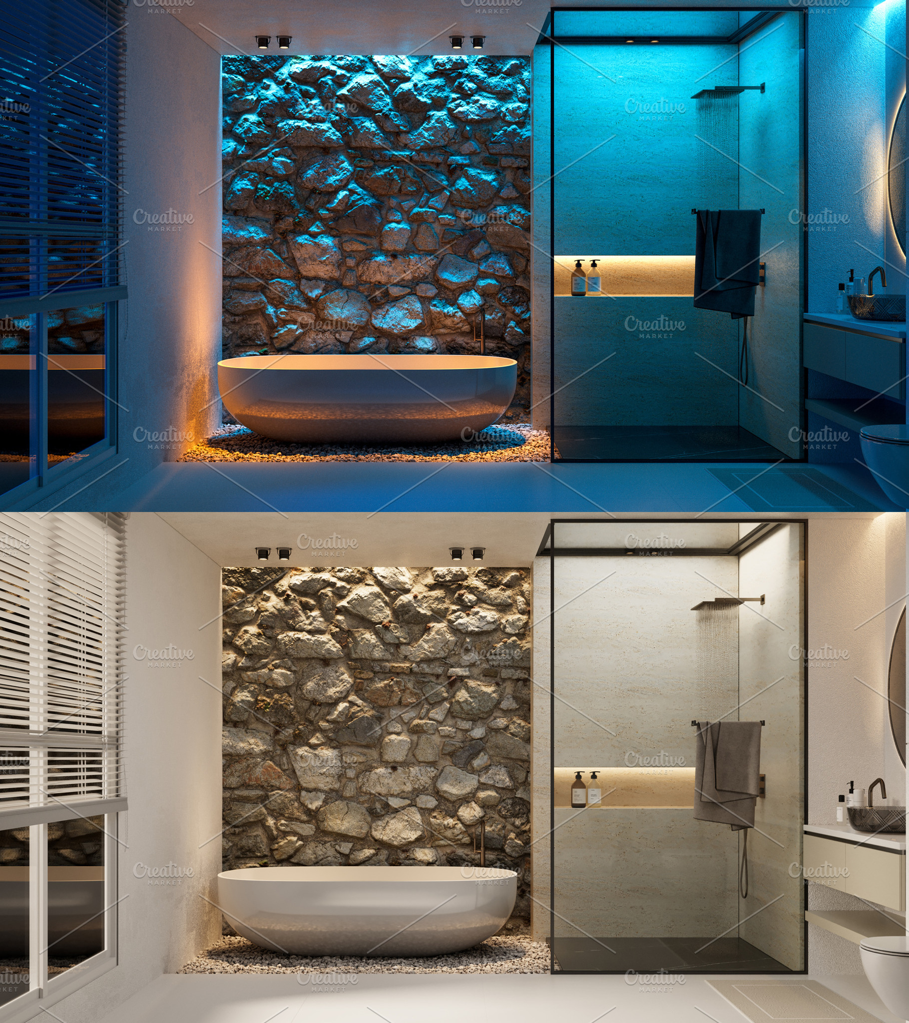 A bathroom with different ambiances, a Photo by Pozitivo