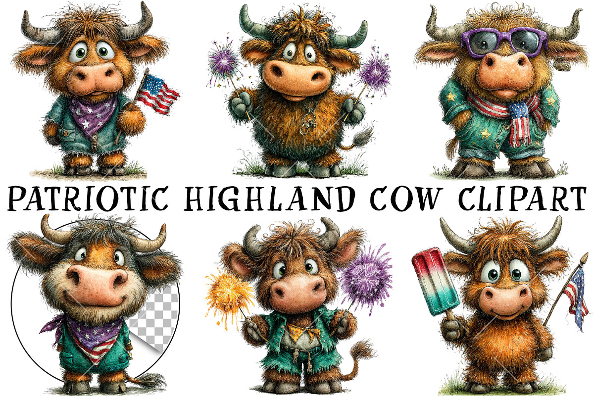 Patriotic Highland Cow Clipart, an Illustration by OK Design (Photo 2 of 6)