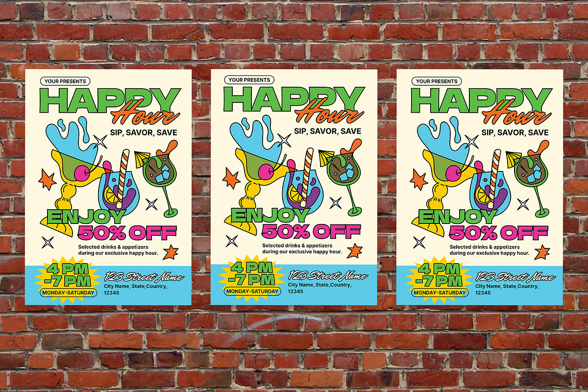Retro Happy Hour Flyer Set, a Flyer Template by Aiyari Graphic (Photo 3 of 3)