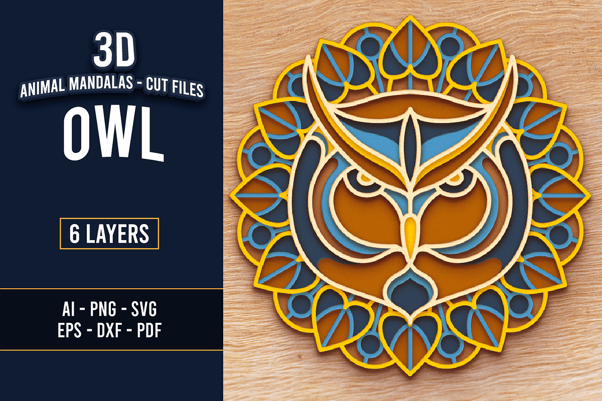 Owl 3D Mandala - SVG Laser cut file, an Object Graphic by Arshad Ali (Photo 1 of 8)