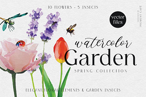 Watercolor Spring Garden Elements