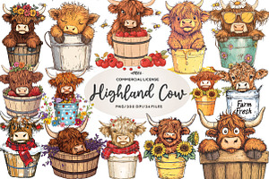 Cute Highland Cow in a Bucket Clipar, an Illustration by CreationArt