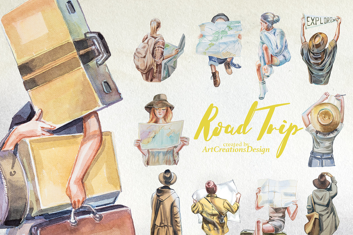 Watercolor Road Trip Clipart Set, a Person Illustration by ArtCreationsDesign (Photo 4 of 19)