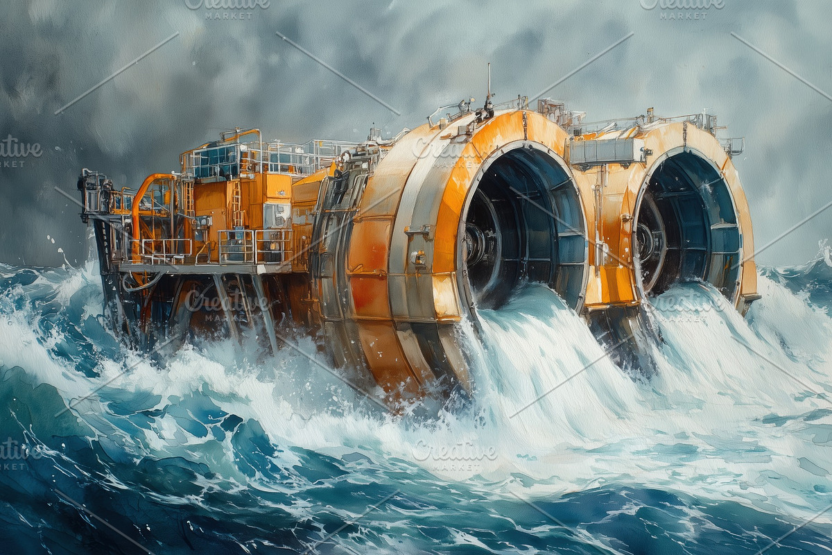 A large, futuristic ocean energy generator with two massive turbines, set again, a Technology Illustration by Textures & Backgrounds